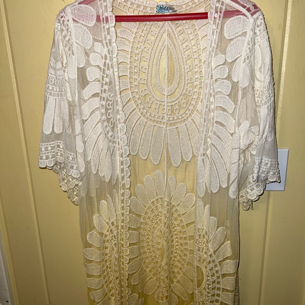 Yellow Lace Duster White Sheer Ombre Flowy Boho Fairy Cottagecore Kimono Size L - Picture 4 of 11